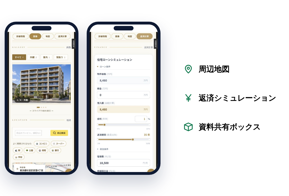 スマイソクの画像ギャラリー・地図画面と返済計算画面