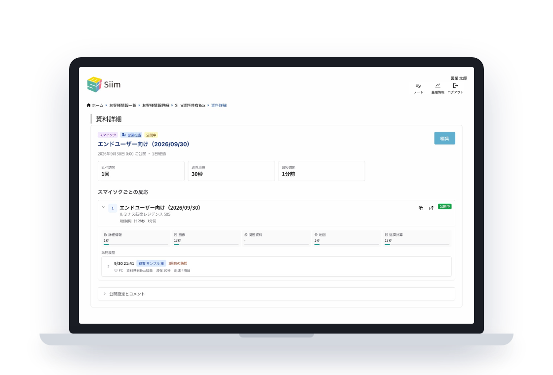 Siimの資料詳細画面。訪問回数や滞在時間、項目ごとの閲覧時間を確認できる